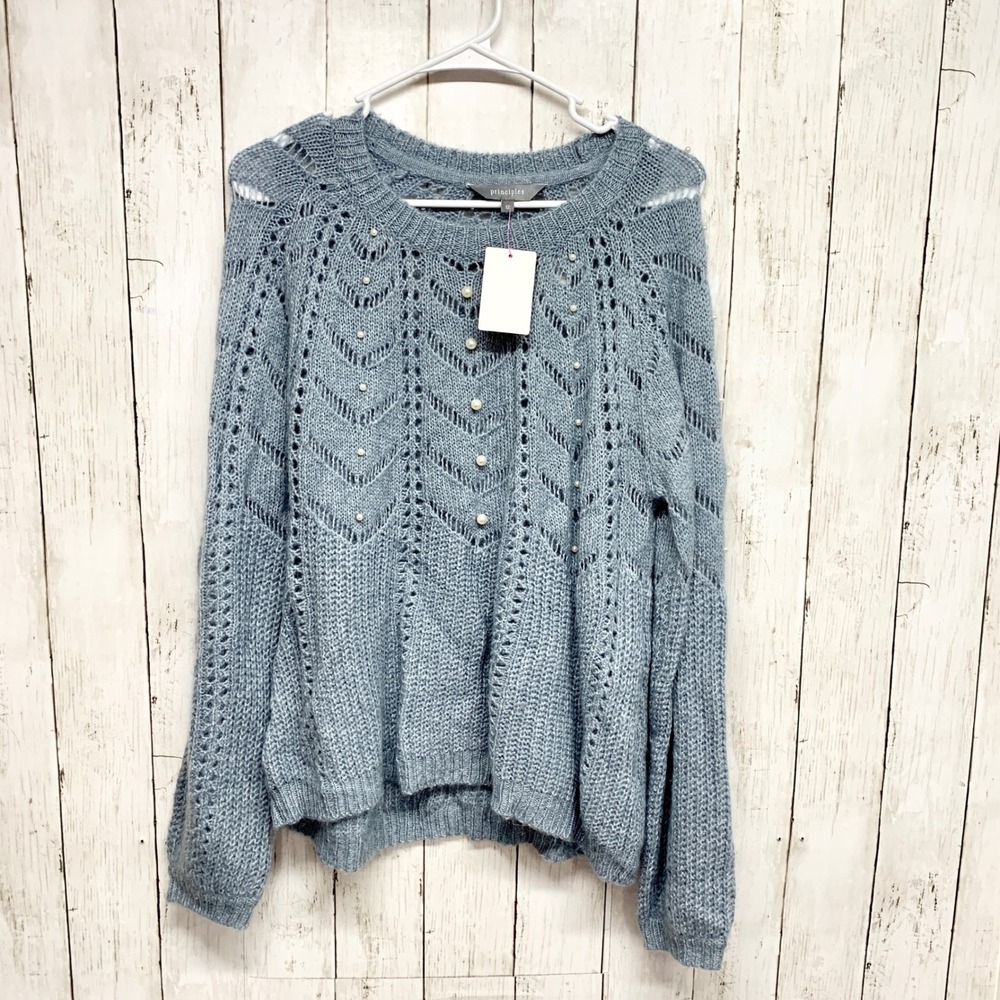 Principles Pearl Embellished Pointelle Knit‎ Sweater Womens Size 12 Blue Crochet